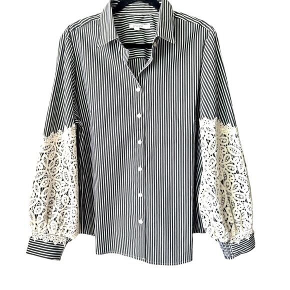 Chico's Poplin Stripe Crochet Puff Sleeve Button Front Shirt Top Blouse sz 10 US - Picture 4 of 10